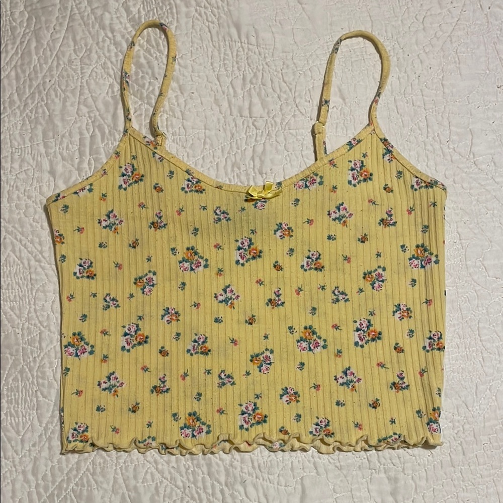 Yellow Floral Spaghetti Strap Tank Top with Bow